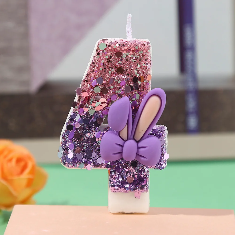 Purple Block Bunny Ears Bowknot Number Candle 0-9  Girly Heart Super Shiny Flakes Birthday Party Cake Candle