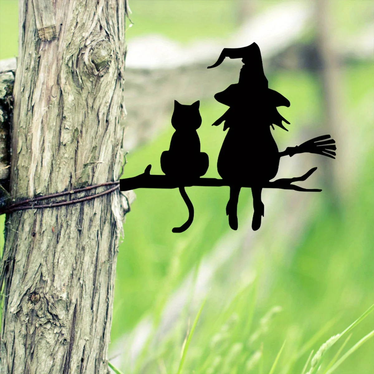 CIFBUY Iron Wall Art Witch Cat Metal Wall Decor Halloween Outdoor Garden Yard Stake Glowing Cauldron Broomstick Durable Patio De