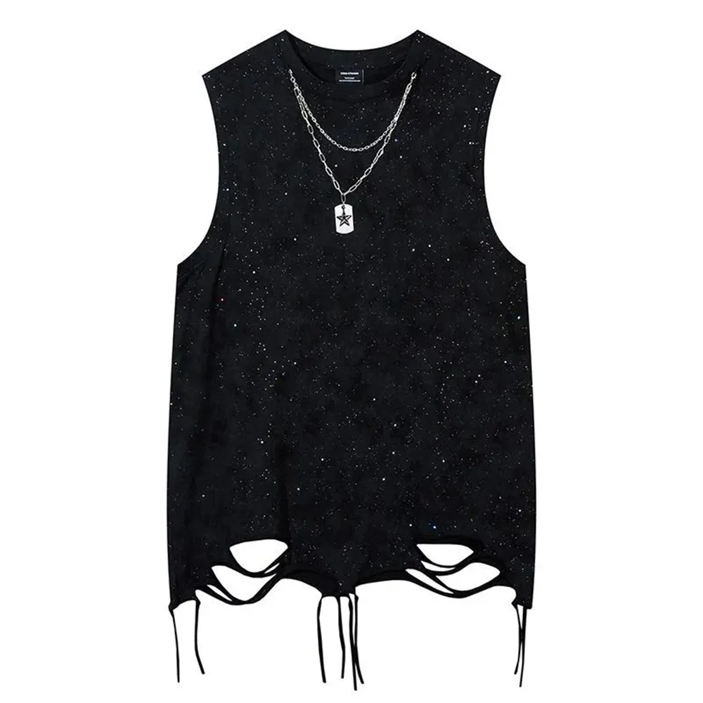 

Mens Vest Ripped Starry Sky Print Casual Tank Top Summer Y2k Streetwear Personality All-Match Gym Daily Tops Men'S Clothing 2024