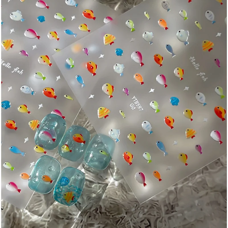 1Pcs Cute Colorful Ocean Nail Stickers Small Fish Nail Sticker Summer 5D Nail Decorations Sticker Self Adhesive Accessories DIY