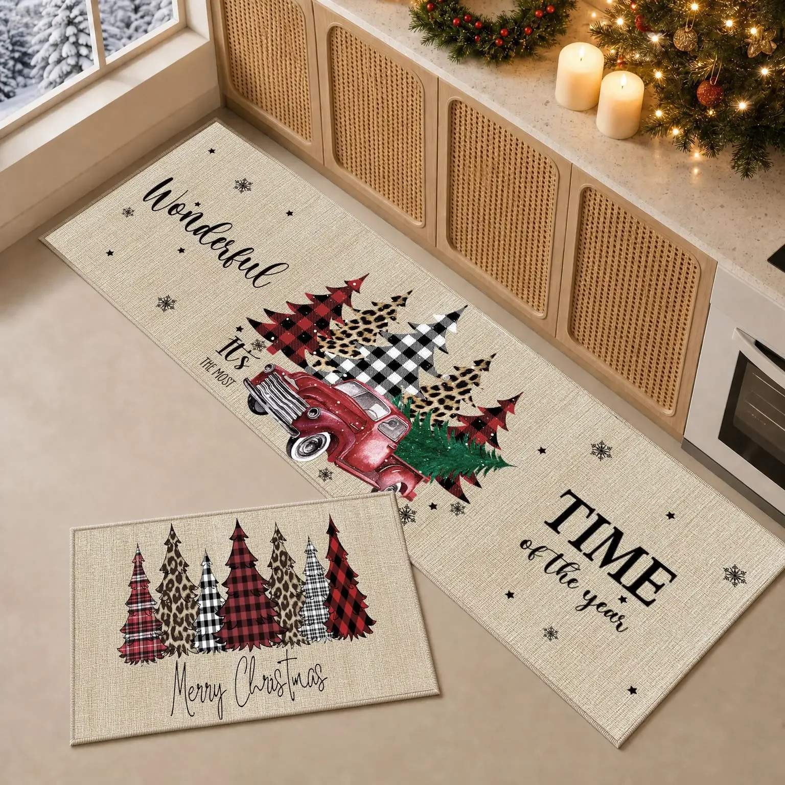 VIKAMA Burlap Red Truck Patchwork Leopard Trees Wonderful Time, Non Slip Washable Absorbent Soft Rug Set, Xmas Home Decor Gift