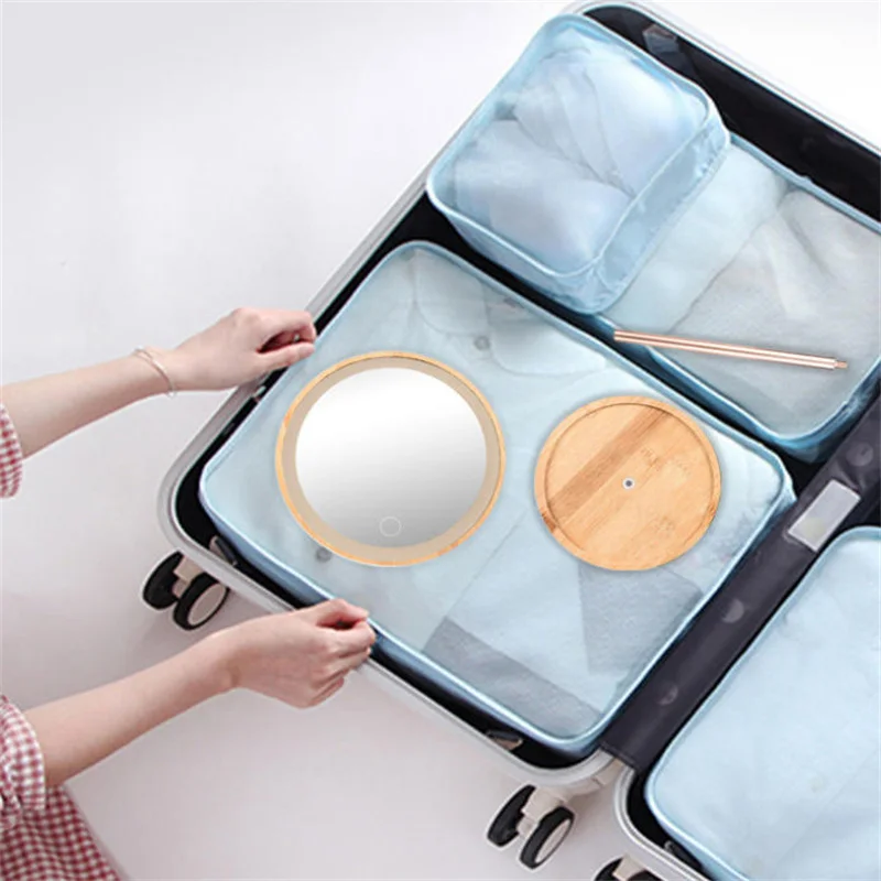 Miroir de maquillage en bois, Rechargeable par USB, 3 Modes, avec lumière LED, miroir de vanité avec Base de rangement détachable, cadeau, 1 pièce