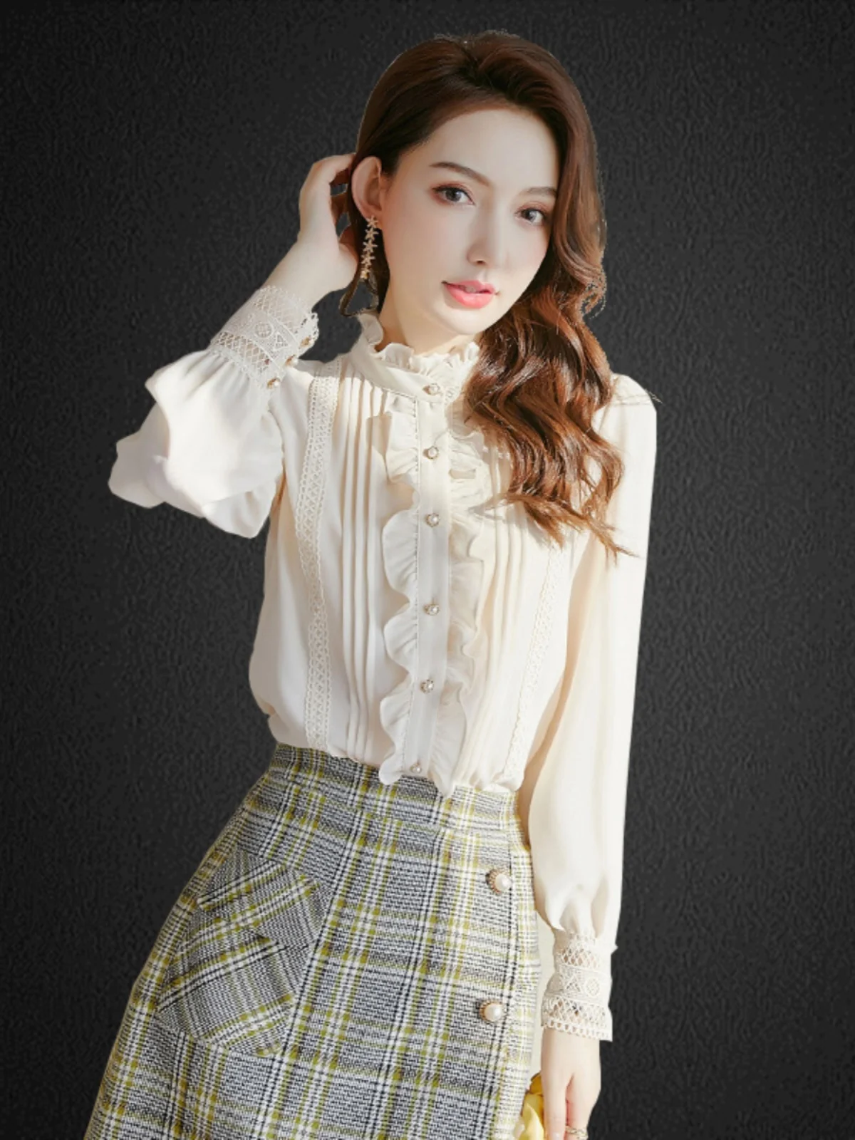 

Mary Autumn New Sle 2025 Chiffon irt Stand Collar Wooden Trim Slimming Ele Super Faion Korean Versatile Top Fairy