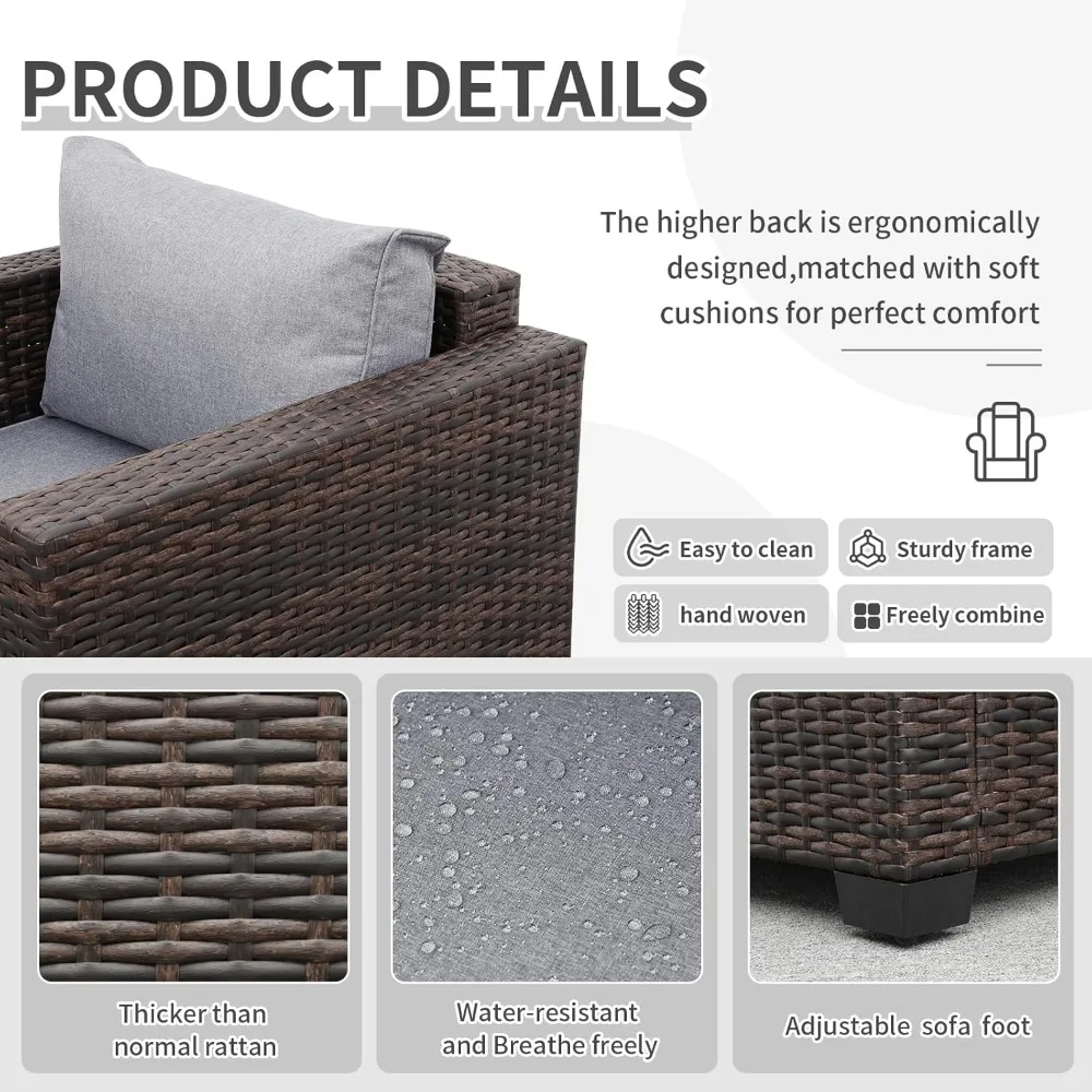 Patio Rattan Furniture Set 4-Piece Outdoor PE Wicker Conversation Couch, Brown Sectional Sofa Couch with 50,000BTU Adjust