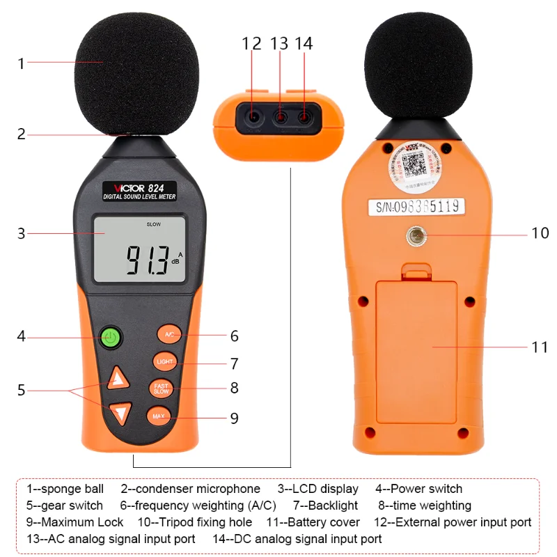 Victor 824 Digital Sound Level Meter Decibel Monitor 31.5- 8500 Hz Fast Noise Measuring Instrument DB Tester 30~130dB Mini Audio