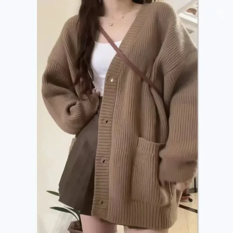 Women Button Pocket Loose Cardigan Coats Autumn Lady Korea Student Button Knitwear Sweaters