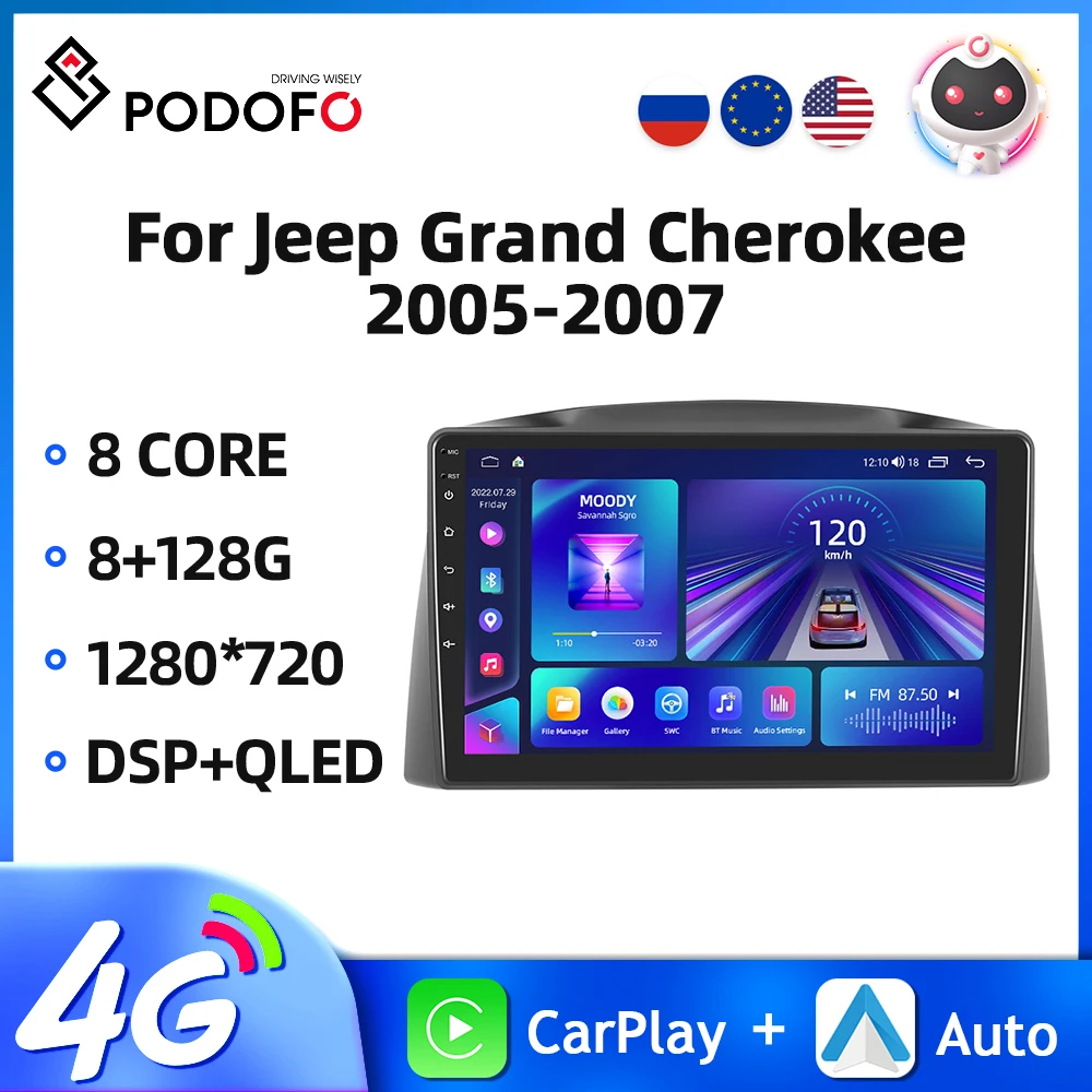 Podofo 10.1'' 2Din Car Radio For Jeep Grand Cherokee 2005-2007 Multimedia Player Carplay Android Auto GPS Bluetooth WIFI Autorad