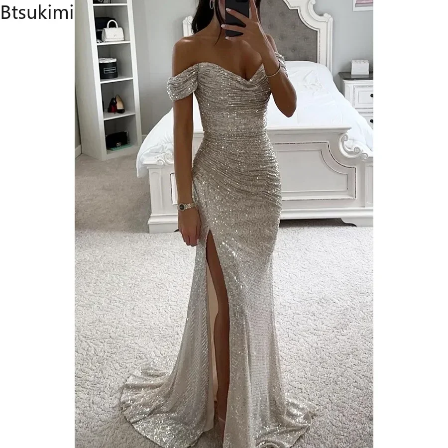 2024 Women\'s Luxury High Split Club Party Evening Dress Sexy Banquet Slim Waisted Female Dress Elegant V-Neck Slim Long Dress