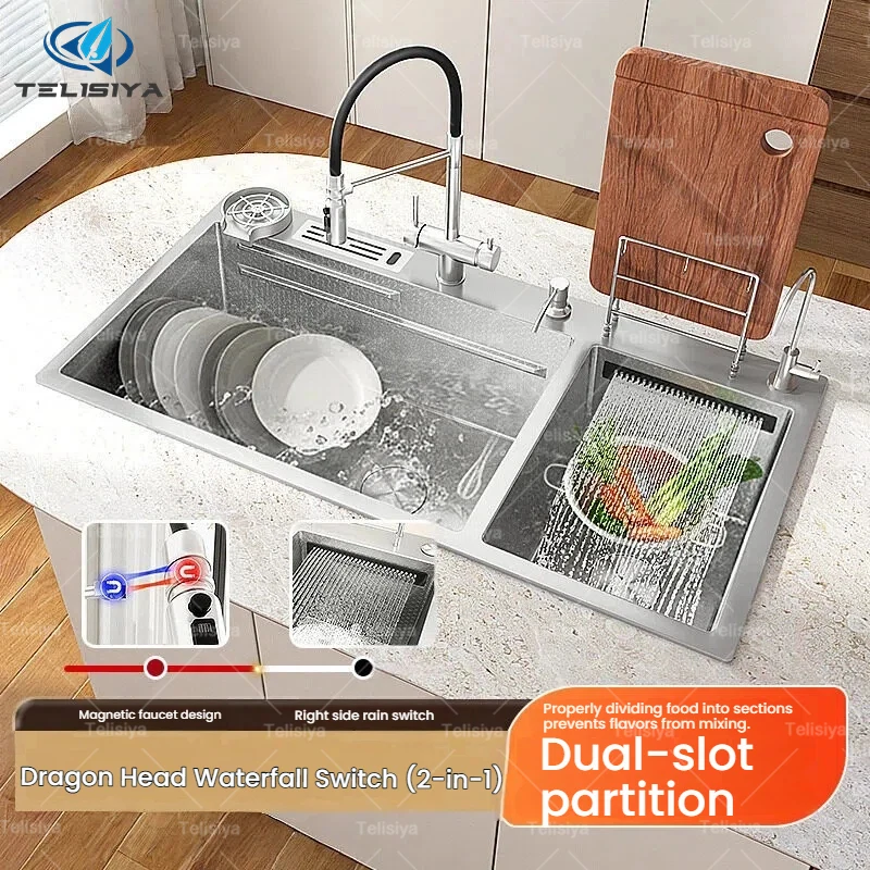 

Household 304 Silver Stainless Steel Large Double Slot Waterfall Kitchen Sink Multifunctional Wash Vegetable and Dish Basin