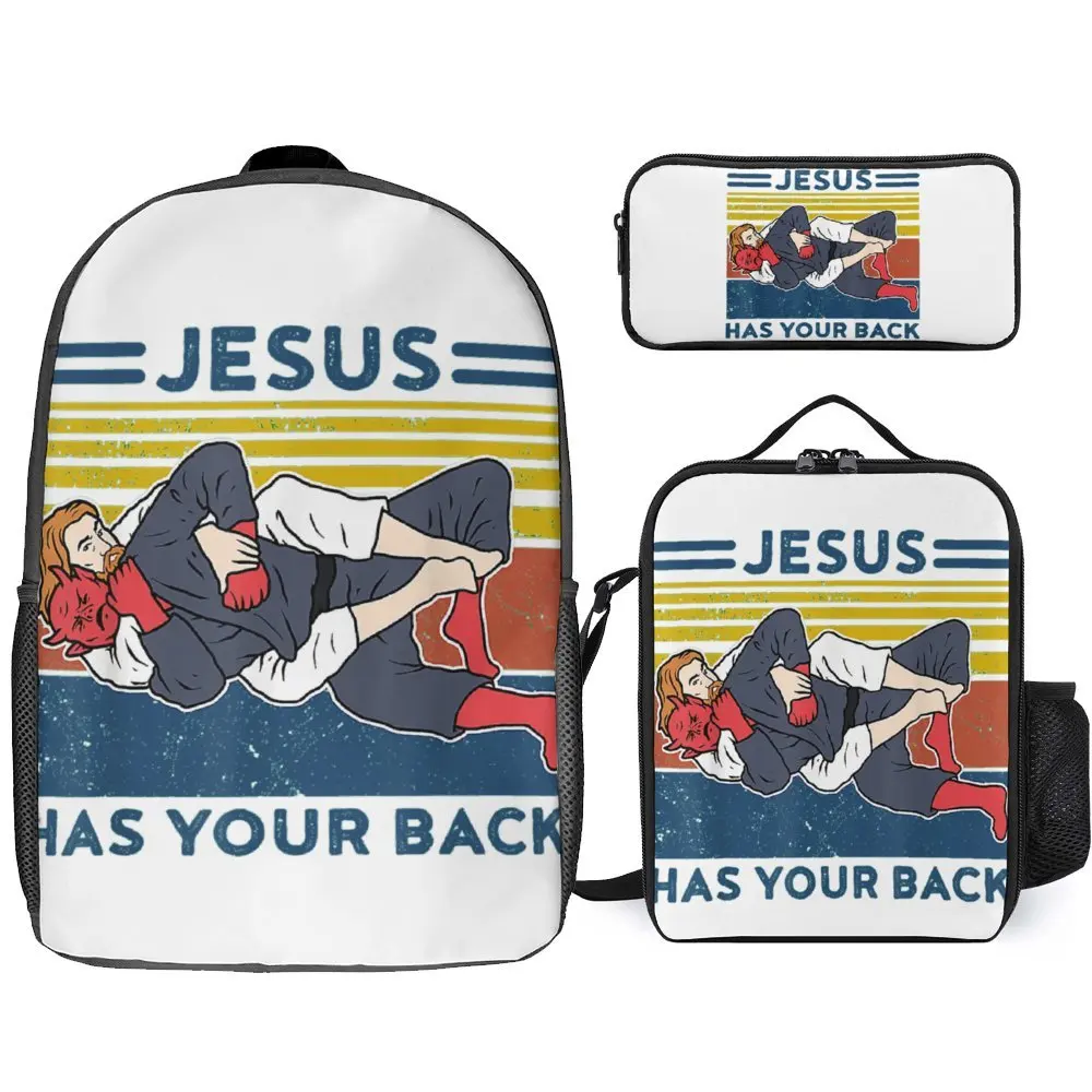 Mochila brasileira engraçada para lancheira, jiu jitsu jesus tem suas costas, 3 em 1 conjunto, mochila, acampamentos de verão, gráfico engraçado, durável, 17"