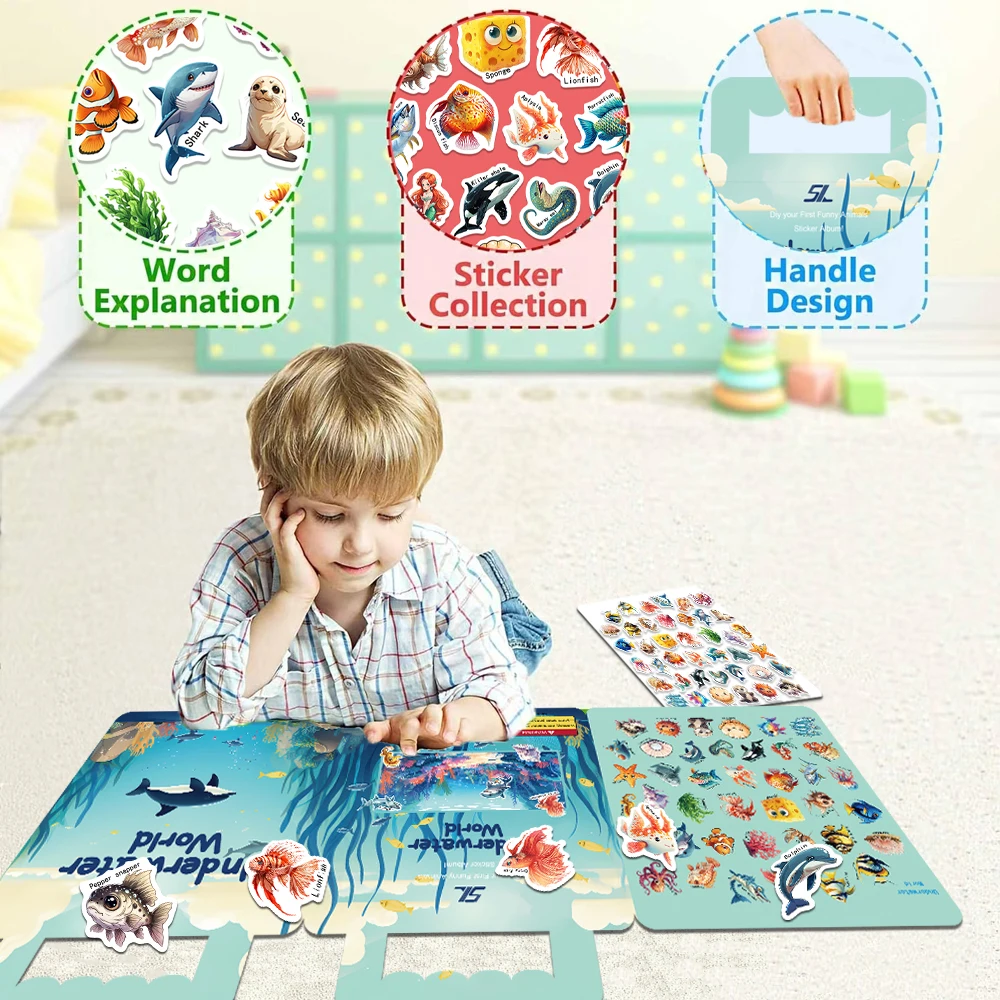 40Pcs Reusable Sea Animals Sticker Book for Kids Multiple Scenos DIY Puzzle Game Educational Learning Classic Toys for Child