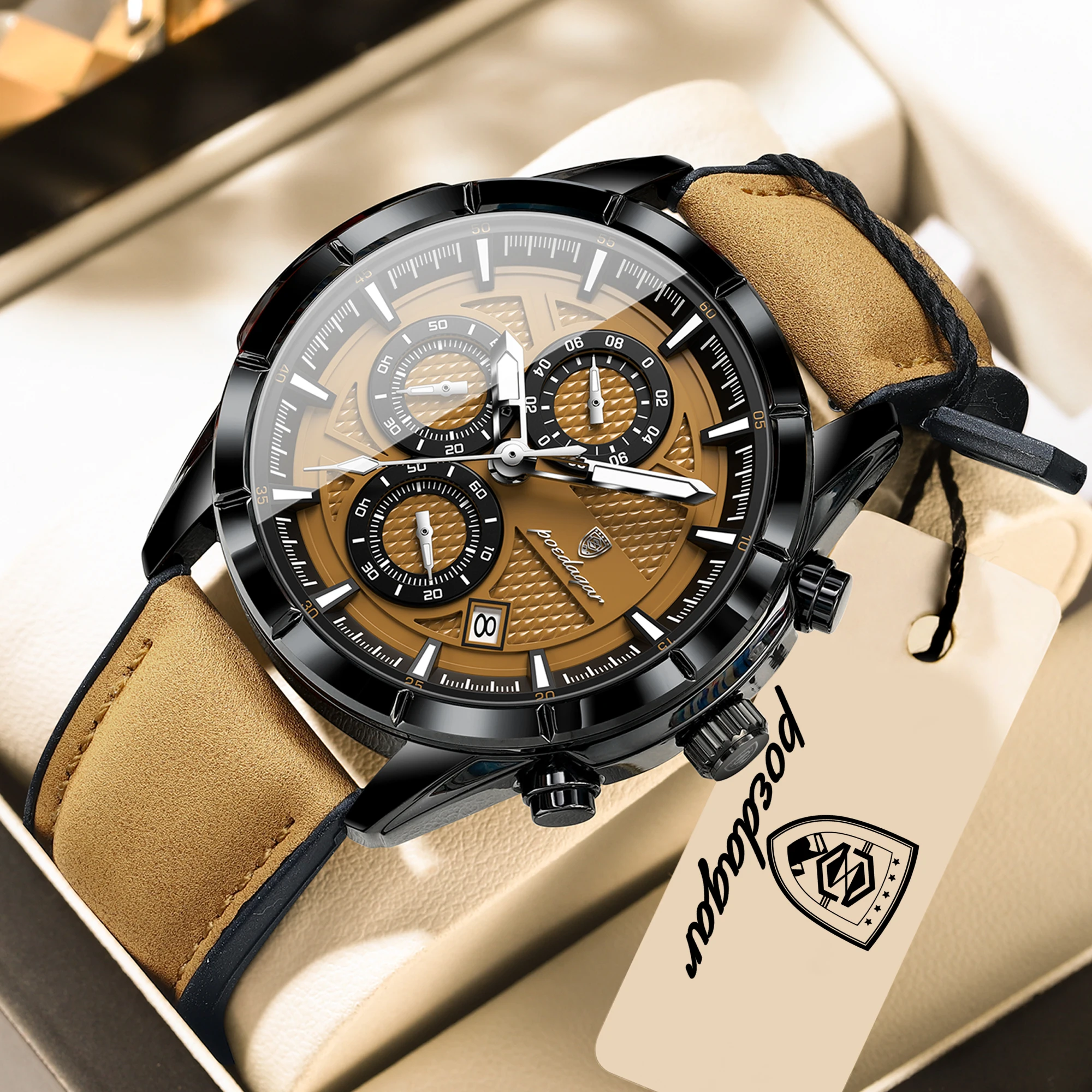 

POEDAGAR Fashion Quartz Men Wristwatch Chronograph Date Leather Elegant Men's Watches Waterproof Luminous Business Watch For Man