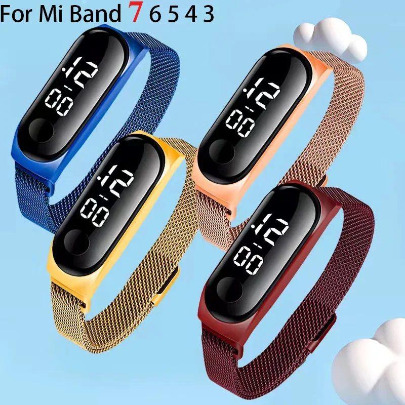 สายคล้องแบบ Milanese สำหรับ Xiaomi Mi band 7 6 5 4 3สร้อยข้อมือแม่เหล็กสแตนเลสสตีลสายรัดข้อมือโลหะสำหรับ Xiaomi Mi Mi band 4 3