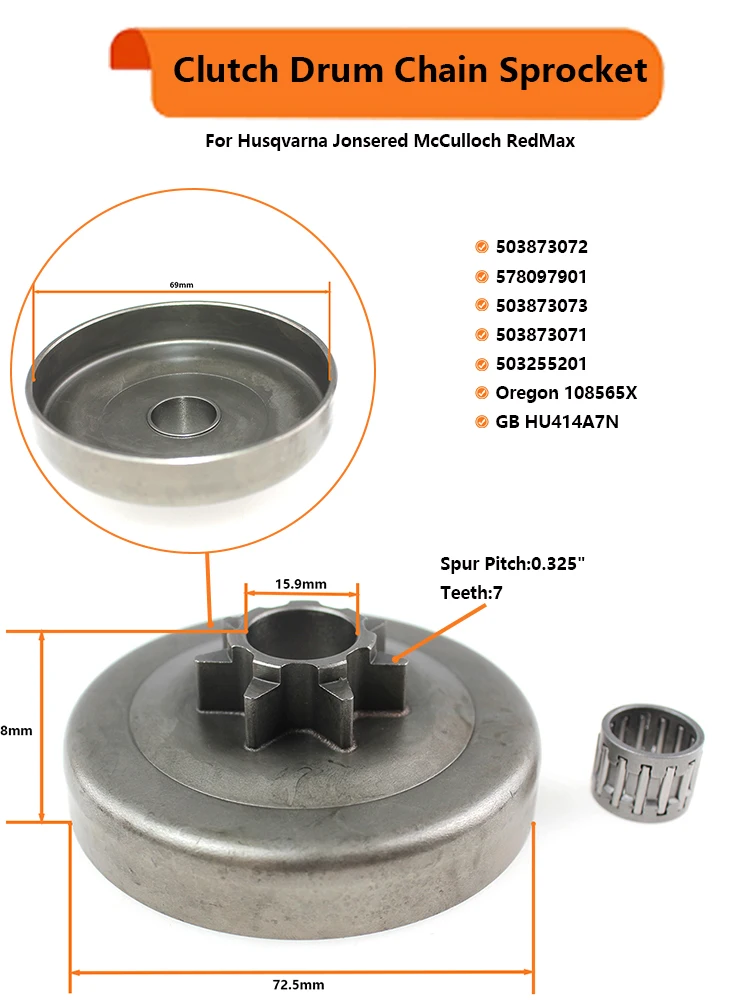 0,325 7T Kupplungstrommel-Kettenrad für Husqvarna 340 345 350 351 353 445 445E 450 450E Kettensäge 503873072 – Detail 1