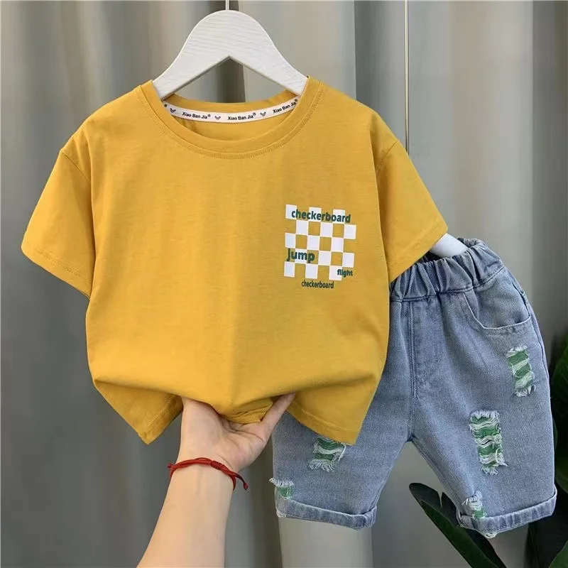 Vestiti estivi per neonati Nuovi vestiti per bambini Manica corta Girocollo Pullover Top e pantaloncini di jeans Sport Due pezzi 1-9T Set