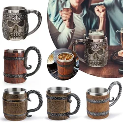 Viking Wood Style Beer Mug Simulation Wooden Barrel Beer Cup Double Wall Drinking Mug Metal Insulated 1PCS Bar Drinking кружка