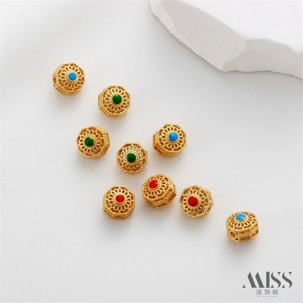 18K Gold Color Matte Gold Fancy Hollow Double-sided Dripping Oil Nanhong Turquoise Bead-separated DIY Bracelet Necklace Jewelry