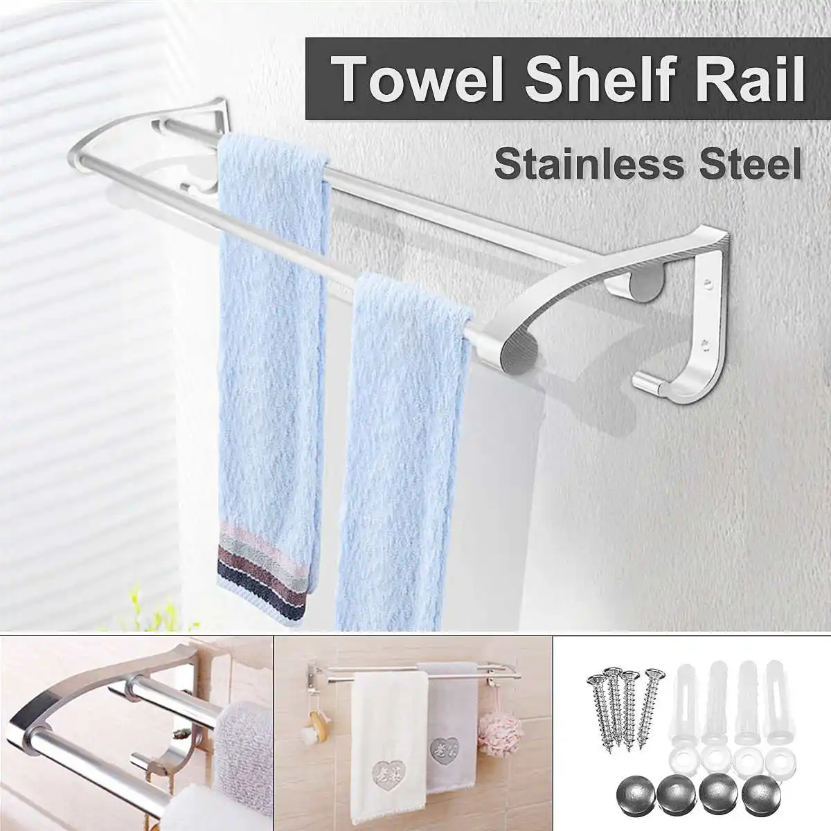 

Aluminum Tower Double Rail Shelf Towel Bar Anti-rust Bathroom Washroom Double Rod Towel Rack Shelf Holder Wall Mounted