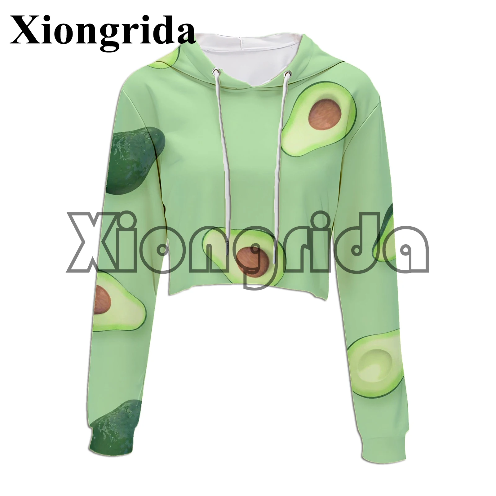 3D Funny Avocado Printed Crop Top Hoodie Women Casual Long Sleeve Hooded Short Sweatshirt Sexy Crop Sweaters Y2K Pullover Top