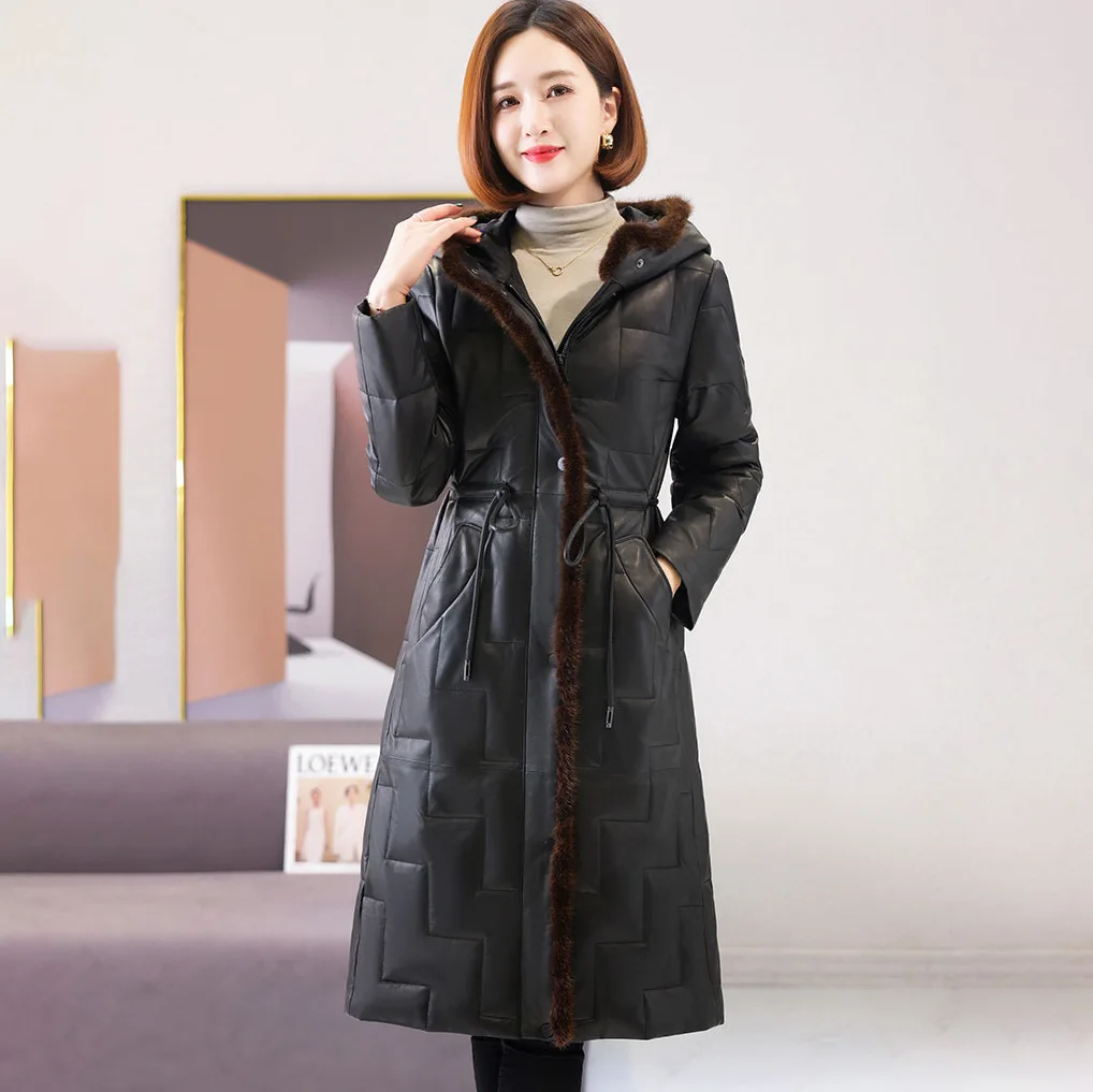 Leather Down Jacket Women Mink Fur Collar Hooded Warm Overcoat High Quality Luxury Coat Belt Slim Outwear Female Fashion Clothes