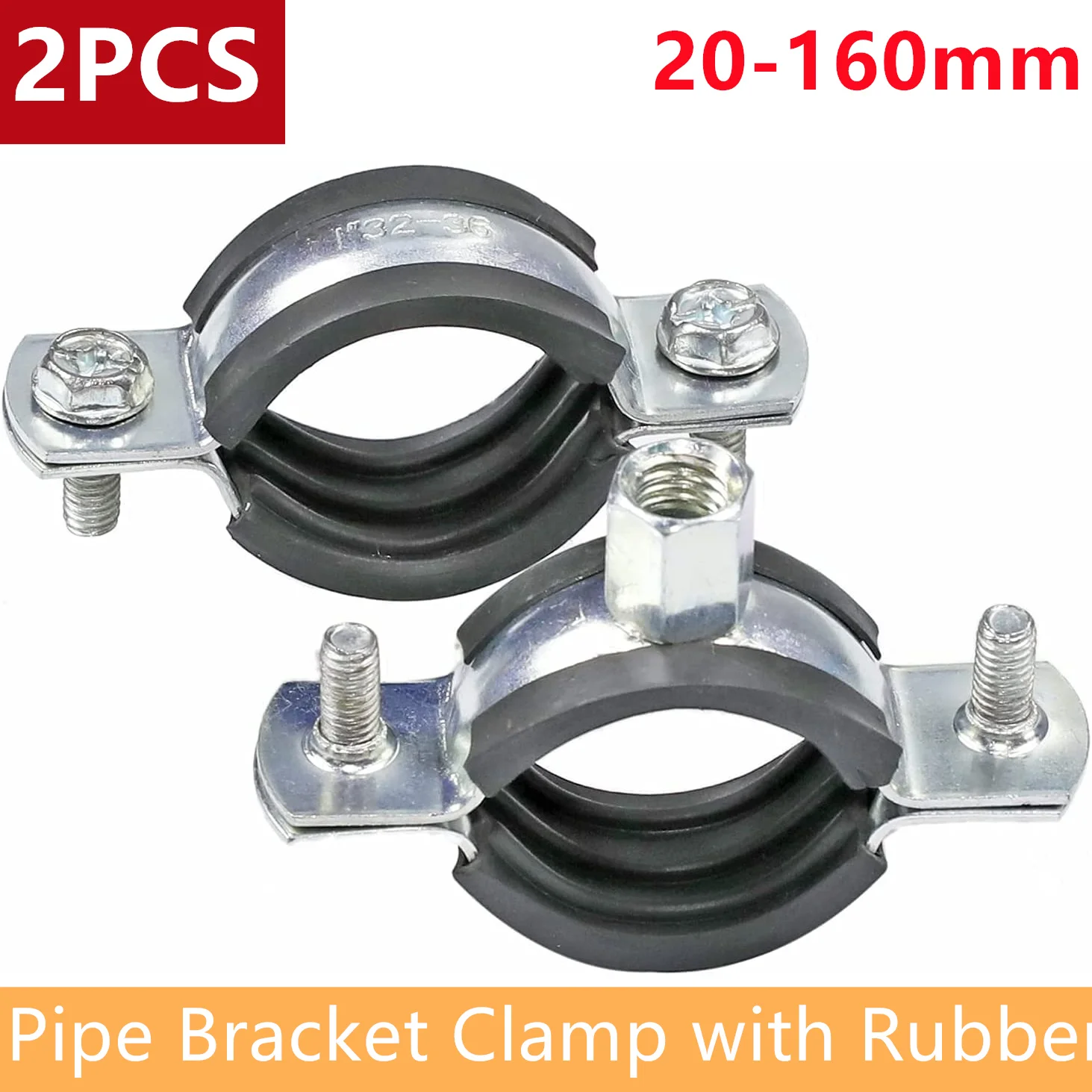 2PCS Pipe Bracket Clamp with Rubber 20-160mm Wall Ceiling Mount Clip Heavy Duty Adjustable Pipe Support Hanger Fixed Clamps