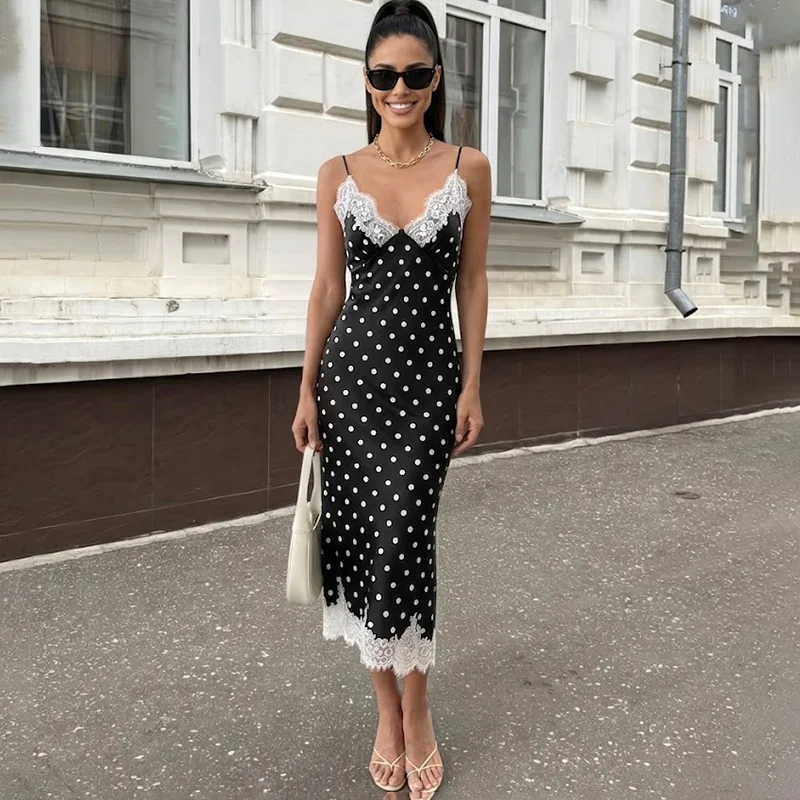 TARUXY Sexy Polka-Dot Lace Dress Women Elegant Loose Sleeveless V-Neck Maxi Strappy Dress 2026 Summer New Party Banquet Dresses