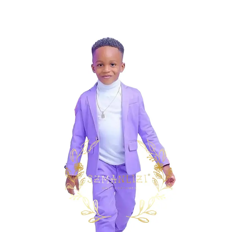 Handsome Boy Suits Set Formal Wedding Tuxedo Notched Lapel 2 Piece Light Purple Party Dress Kids Blazer Pants Costume