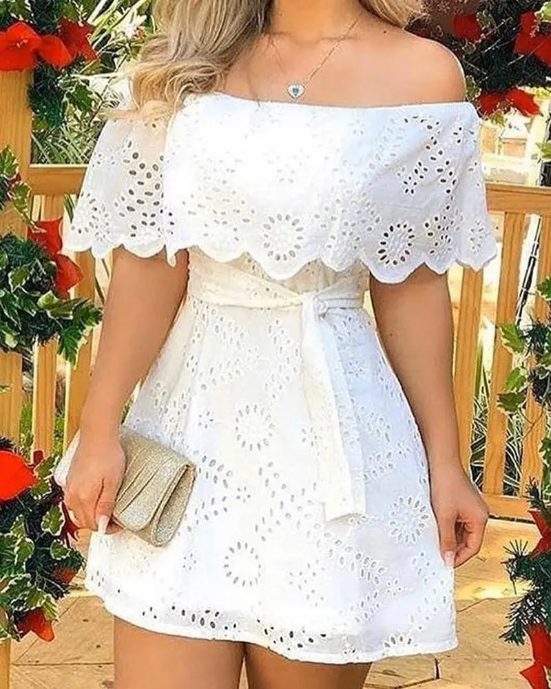 Hollow Out White Dress Women Summer Off Shoulder Lace Up Mini Dress Fashion Lace Splicing Holiday Long Dresses