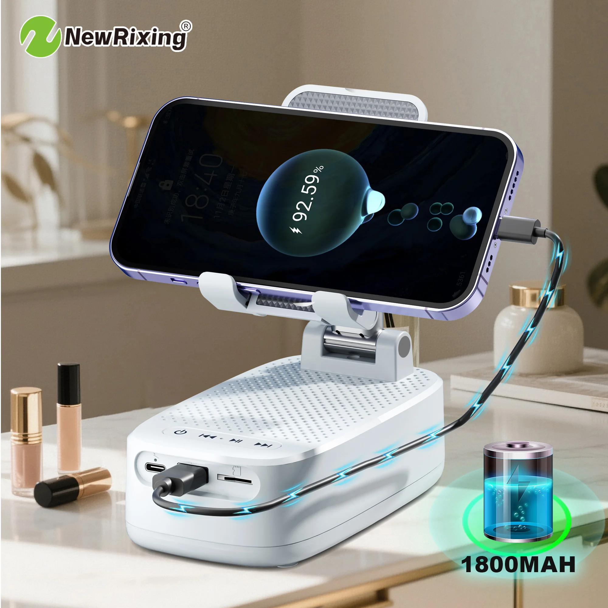 NewRixing 6W Wireless Speakers with Phone Holder, TWS Dual Pairing, 1800mAh Battery,Phone Hands Free，Mobile Power Bank，6-Hour Playtime, Hi-Fi Sound Quality, Loud Stereo & Booming Bass，USB-C Charging, Outdoor/Indoor Use,Durable Build Quality