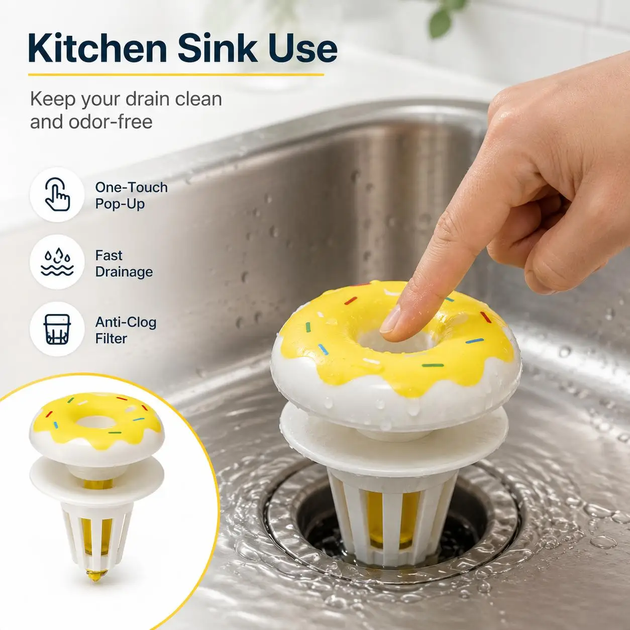 Bouchon anti-odeur en plastique en forme de donut, à pression, pour lavabo de salle de bain, accessoire de rangement
