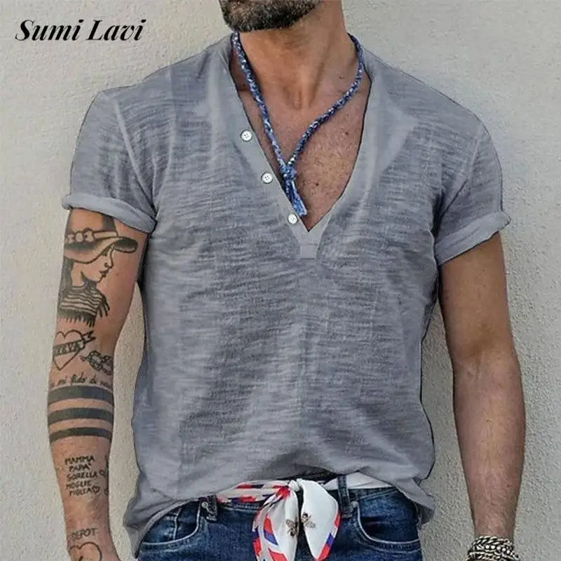 

Повседневная дышащая мужская футболка, Винтажная футболка с воротником на пуговицах, мужские летние однотонные топы для отдыха с коротким рукавом