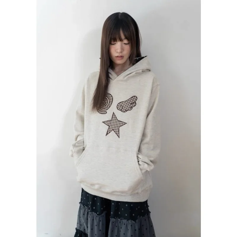Korean Retro Autumn and Winter Polka Dot Color-blocking Plaid Pattern Loose and Versatile Long-sleeved Casual Hooded Sweatshirt
