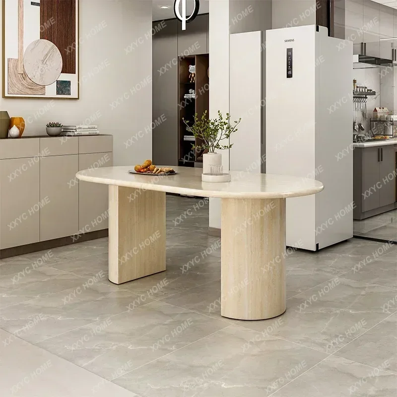 

02 Travertine dining table natural marble household oval modern simple, small apartment retro restaurant