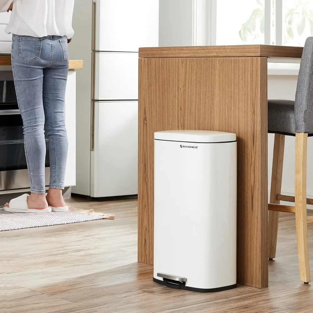 سلة المهملات مع غطاء، سلة قمامة 8 أو 13 جالون، سلة نفايات من الفولاذ المقاوم للصدأ مع دواسة خطوة ودلو داخلي، إغلاق ناعم