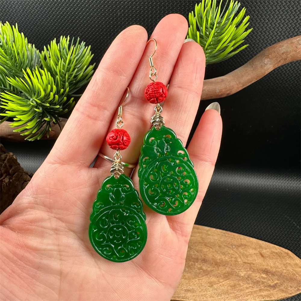 Retro Charm Green Jade Bat Hollow Flower Style Drop Earring 14K Gold Chinese Ancient Green Jade Hook Earrings for Women Gift