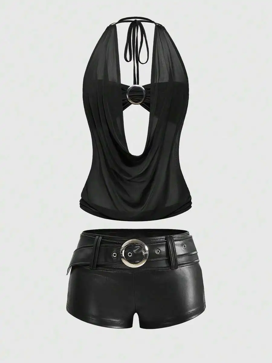 

Black Retro Gyaru Style Draped Halter Neck Crop Top With PU Mini Bodycon Shorts Set