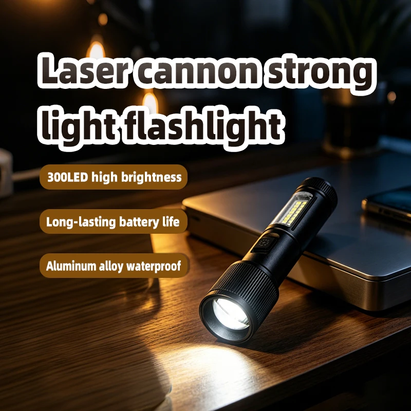 LED black flashlight (telescopic aluminum alloy) with long-lasting battery life, essential for camping and exploration