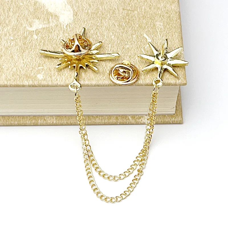 Korean Fashion Double Six Point Star Chain Brooch Rhinestone Intersperse Metal Pins Women's Blouse Suit Collar Jewel Accessories