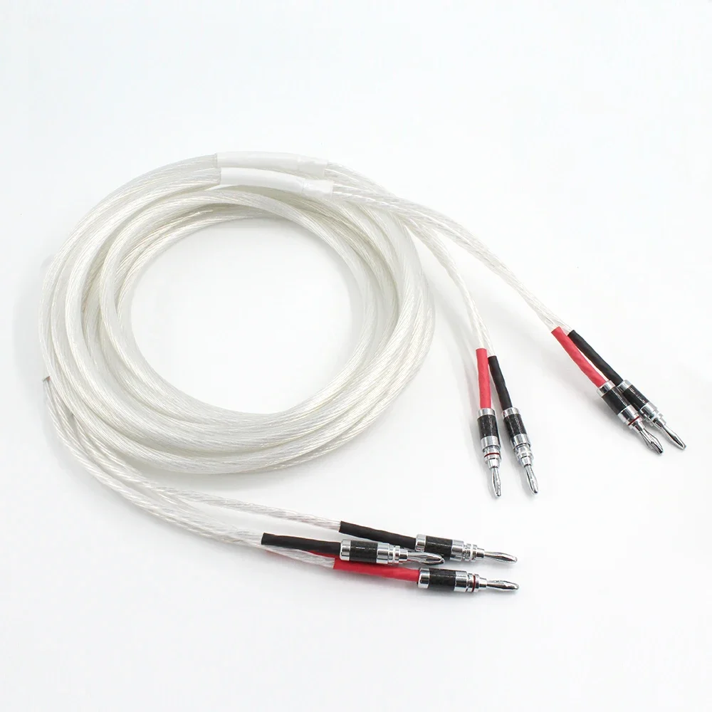 Hi-end 5NOCC Silver Plated Speaker Cable Banana Plug 2 to 4 Biwire HiFi Audio Loudspeaker Wire