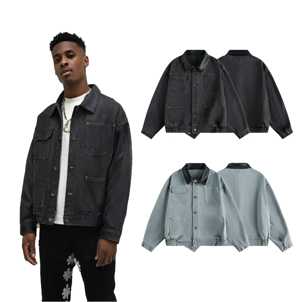 

Winter Streetwear Y2k Clothing Men's Pocket Denim Jackets Harajuku Street Style HipHop Casual Retro Vintage Leather Collar Coats