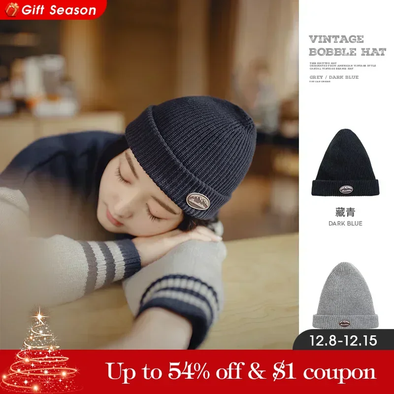 Maden Vintage Casual Knitting Caps for Unisex Solid Color Warm Soft Women\'s Hat Winter Wool Beanies Elastic Christmas Head Hood