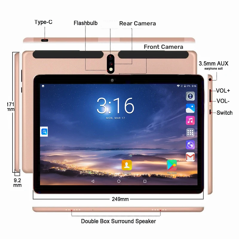 K13 Tablet 10.1 inch 3GB RAM 32GB ROM Android 9.0 Type-C Tablet PC Quad-Core ROM Safety Eye Protection Screen WiFi Bluetooth