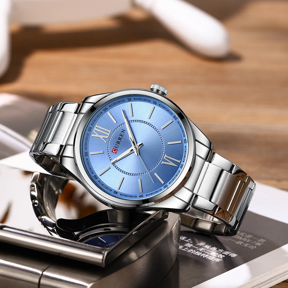 CURREN Simple Business Quartz Watches Men Blue Colour Classic Stainless Steel Wristwatches with Luminous Hands Male Clock