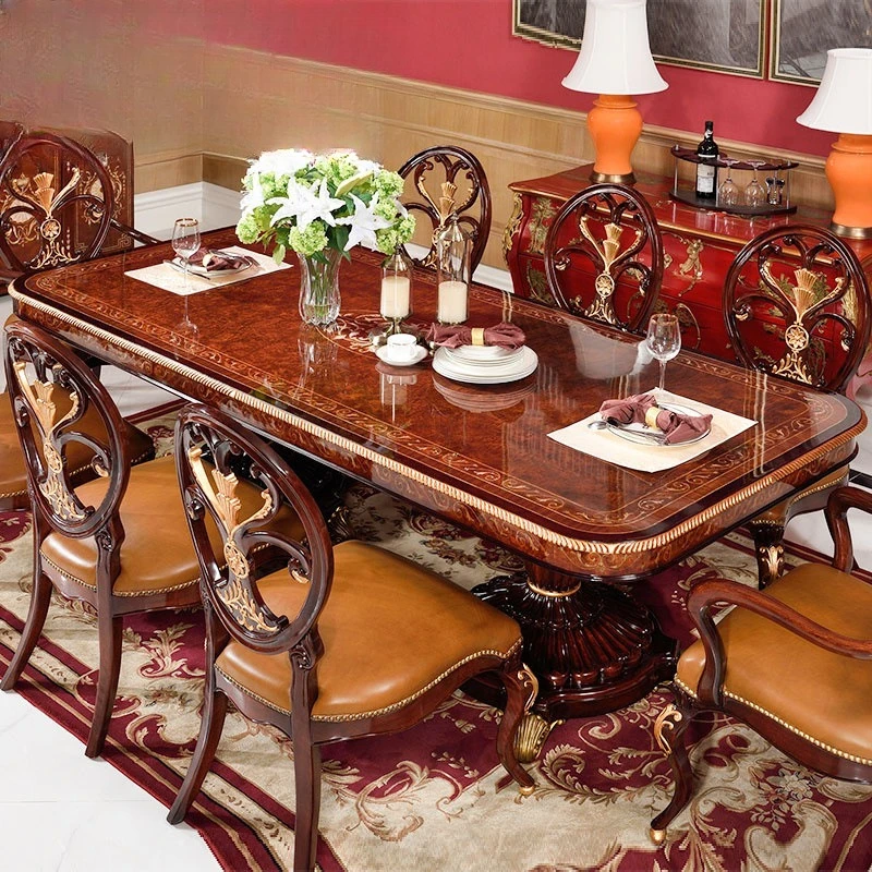 Long dining table, Italian neoclassical shells, solid wood carvings, English and French shells, inlaid dining tables and chairs