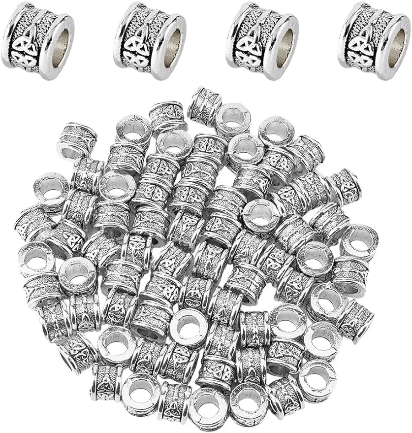 76Pcs Tibetan Spacer Beads Alloy European Beads Antique Silver Celtic Knot Tube Beads Column Spacer Loose Bead Large Hole Viking