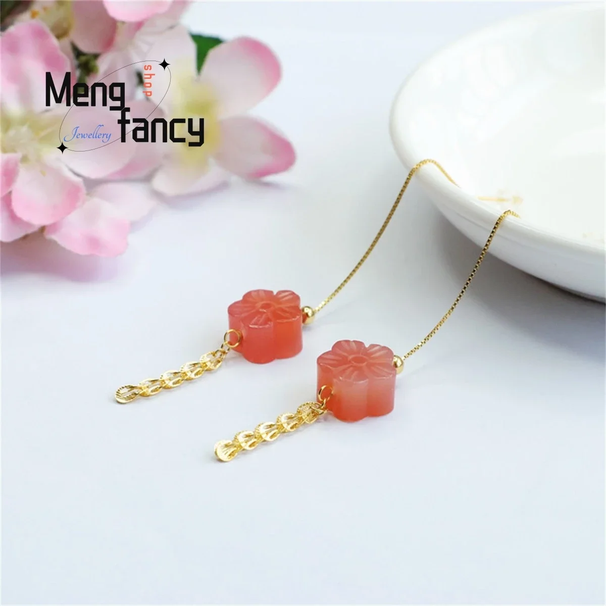 Natural S925 Silver Inlaid Yanyuan Agate Hook Peach Blossom Phoenix Tail Ear Line Simple Personality Fashion Retro Women Jewelry