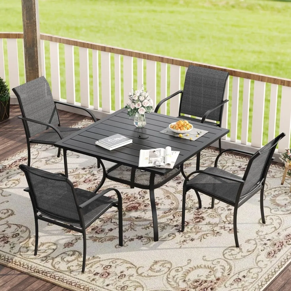 5 Pieces Patio Dining Set Outdoor Furniture Set Includes 1 Square Outdoor Table and 4 Stackable Patio Sling Chairs Black