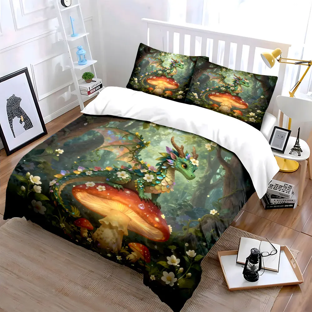 Fairy dragon adorned with flowers Pattern Duvet Cover Set Digital Print Colorful Polyester Bedding with Zipper Closur for gifts