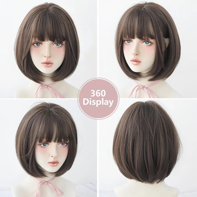 7JHH WIGS Short Straight Cool Brown Bob Wig for Women Daily Use High Density Synthetic Layered Pixie Cut Wigs with Neat Bangs