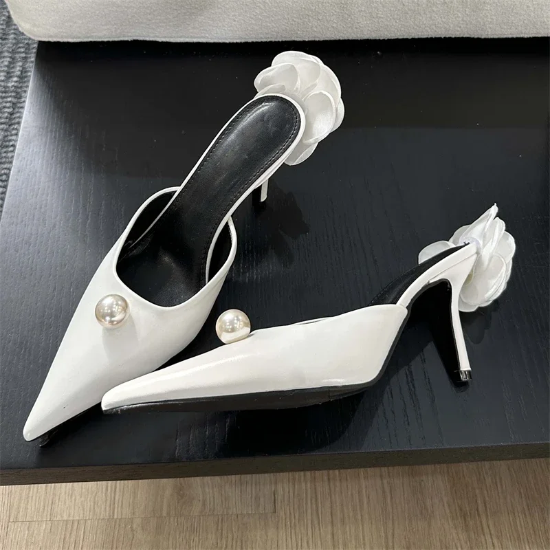 Eilyken Designer Silk Flower Woman Pumps Fashion Shallow Pointed Toe Low Thin Heels Shoes Ladies Slingbacks Slippers